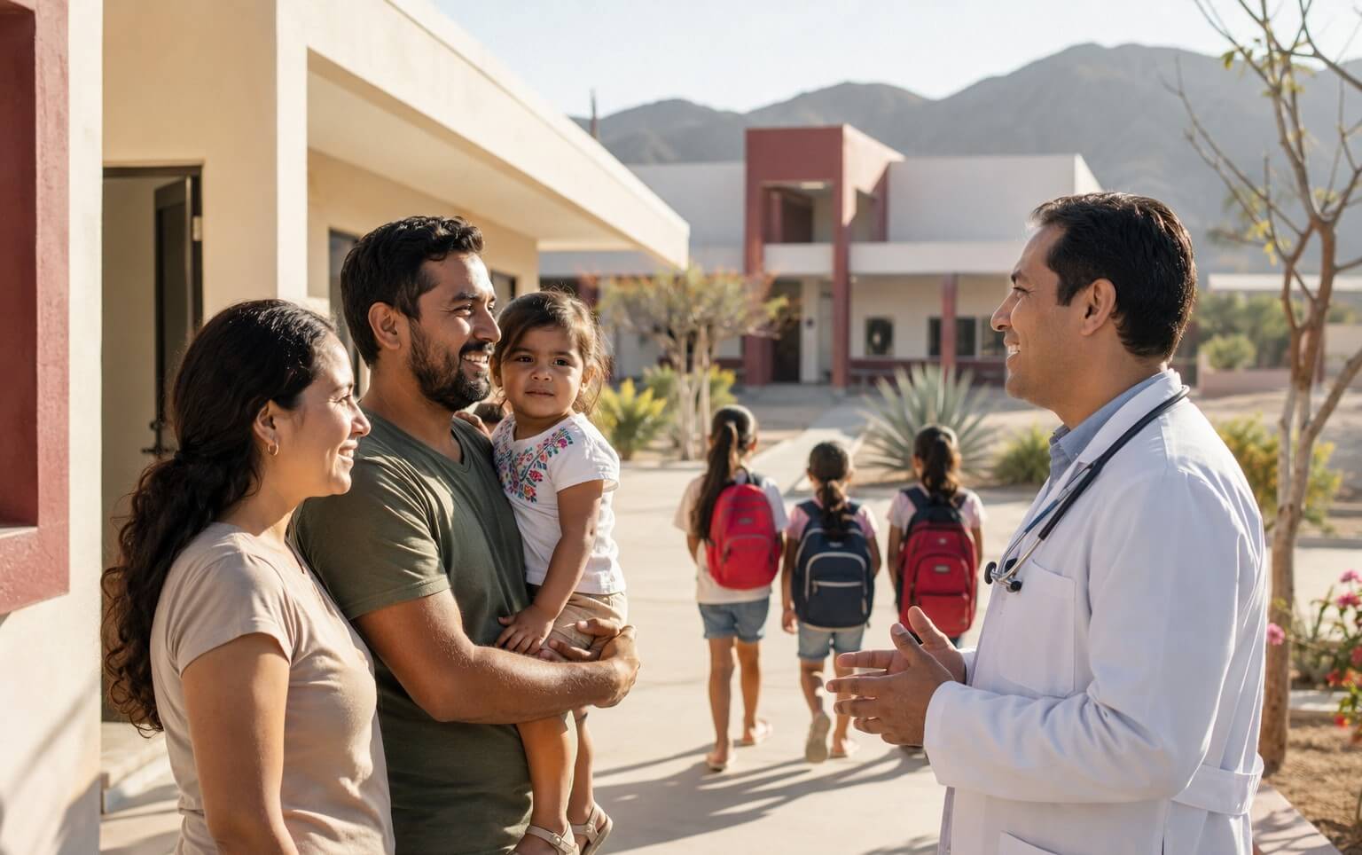 Médico conversando con una familia frente a una escuela comunitaria en Baja California Sur