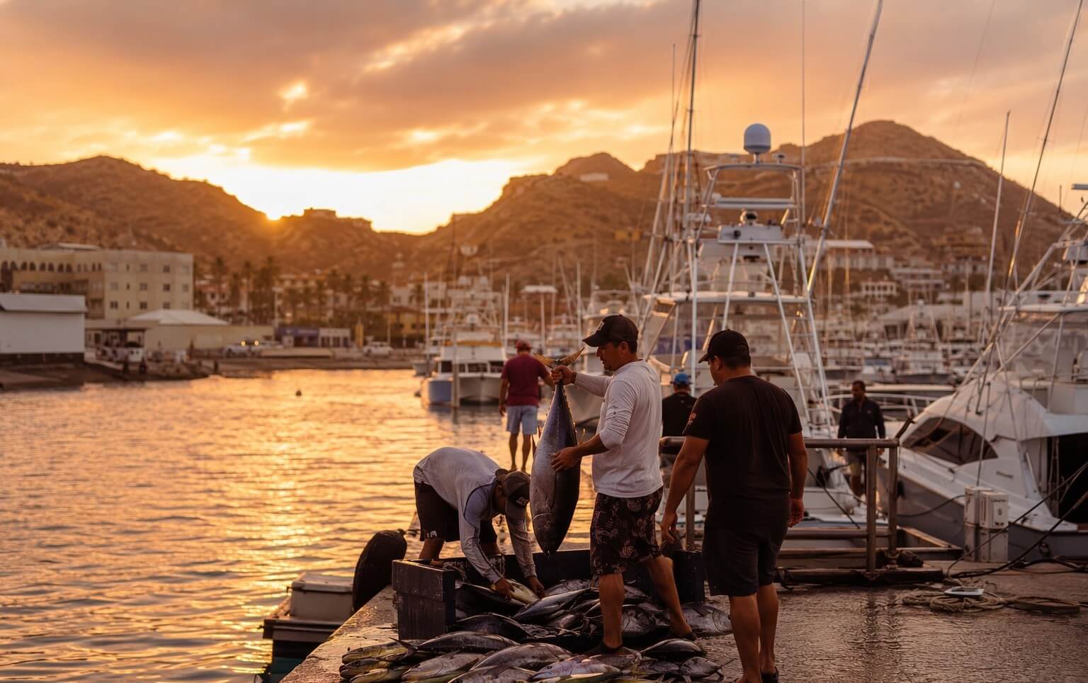 Pescadores descargando la captura del día en la marina de Los Cabos al atardecer